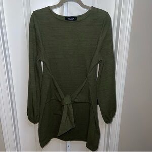 AKIRA Olive Green Tie Front Long Sleeve Dress Textured Tunic Dress Size L
